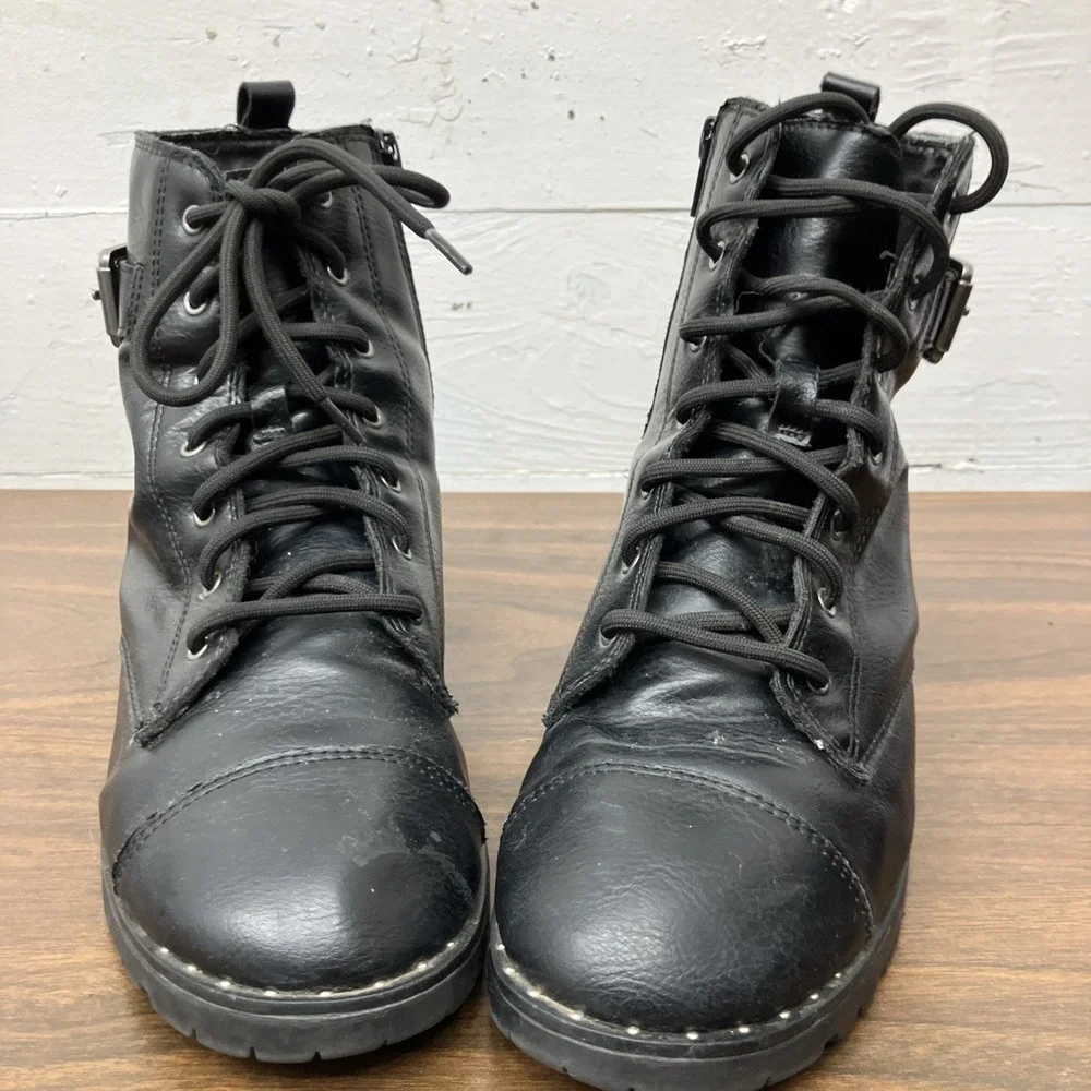 Wonder Nation Girls Black Ankle Combat Moto Boots Size 5 Lace Up w/ Zipper